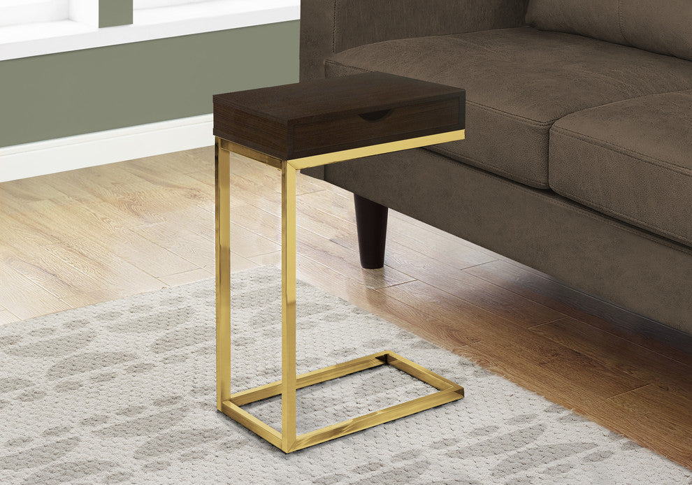 Accent Table, C-Shaped, Storage Drawer, Metal, Laminate, Brown, Gold