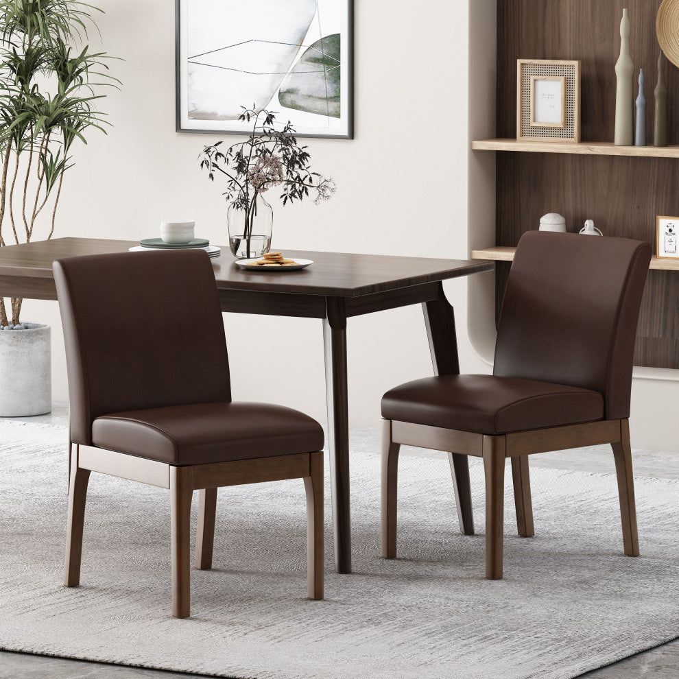 Oceanna Mid Century Modern Dining Chairs, Set of 2, Dark Brown + Natural Walnut, Pu