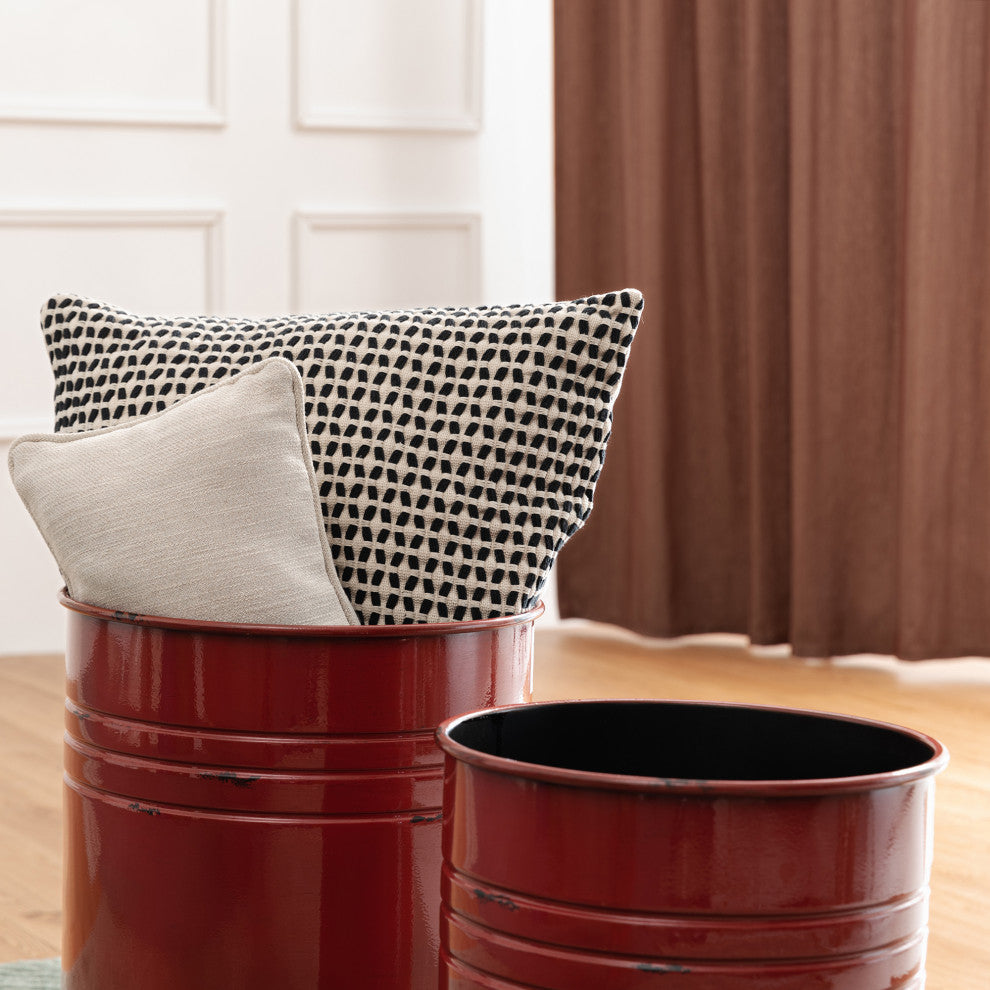 Farmhouse Metal With Solid Wood Seat Storage Stool, Set of 2, Red