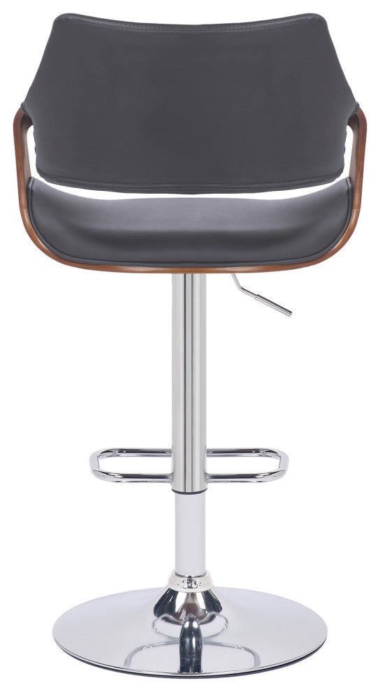 Aspen Adjustable Swivel Faux Leather and Wood Bar Stool With Metal Base, Gray, Walnut, and Chrome
