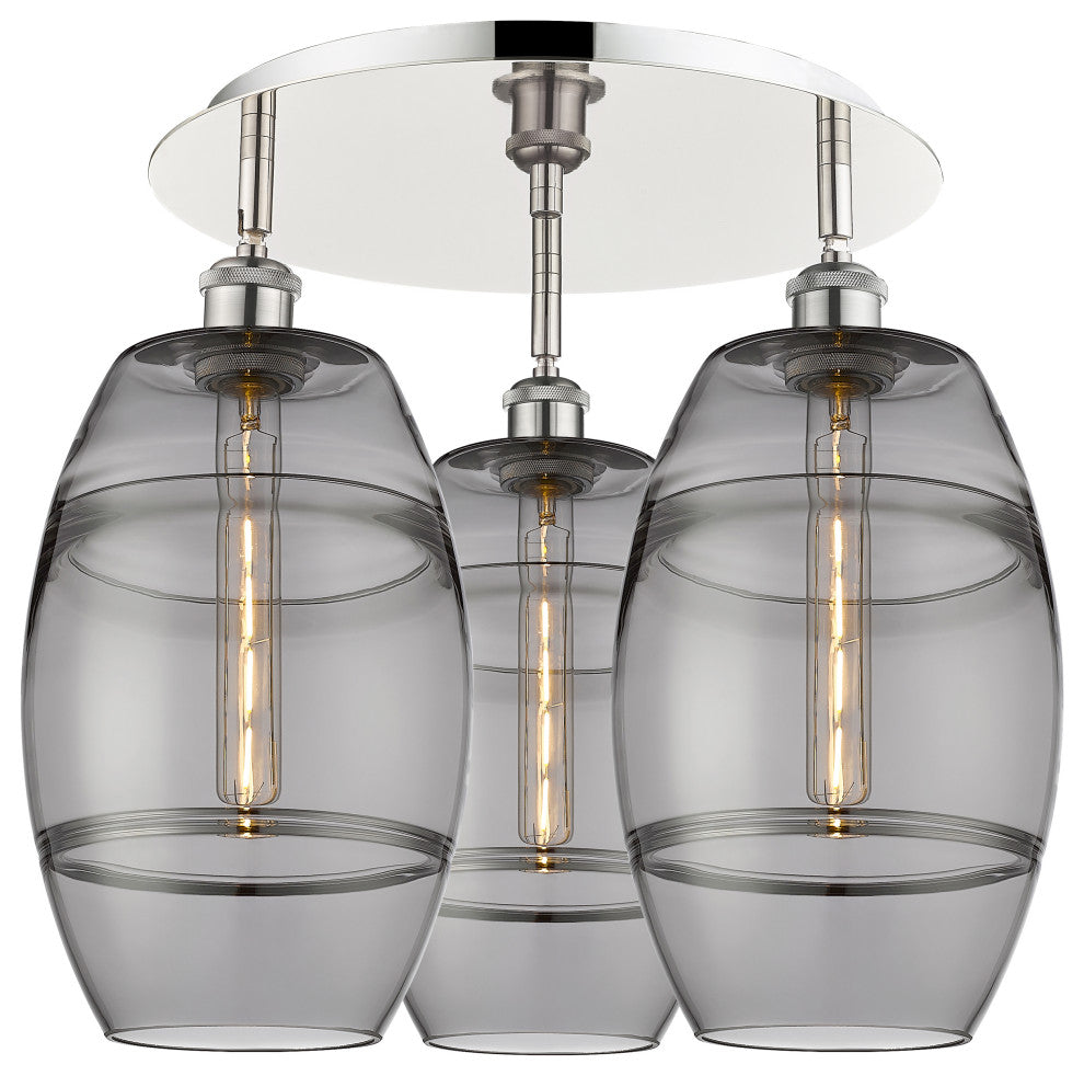 Ballston-Vaz 3-Light 20" Flush Mount, Polished Nickel, Light Smoke