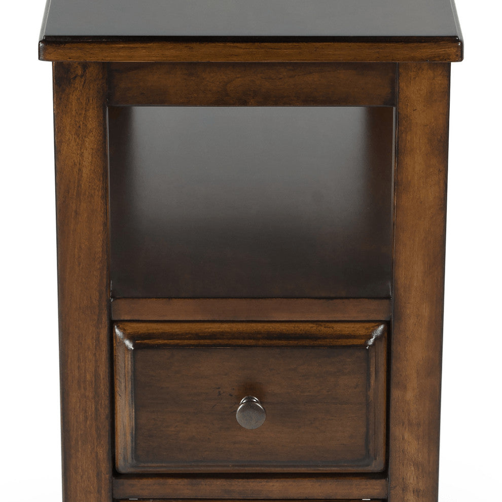 24" Cherry Brown Narrow End Table With Two Drawers And Shelf