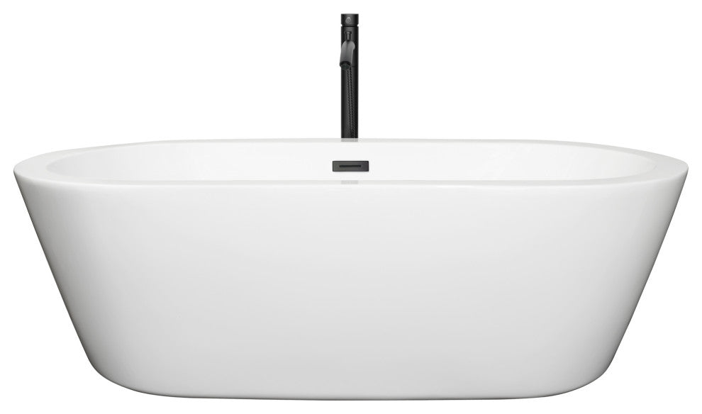 71" Freestanding Bathtub, White, Floor Mounted Faucet, Drain, Trim, Black