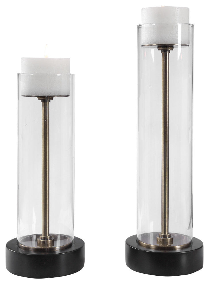 Modern Clear Glass Column Candle Holders, 2-Piece Set Pillar, Bronze Brass