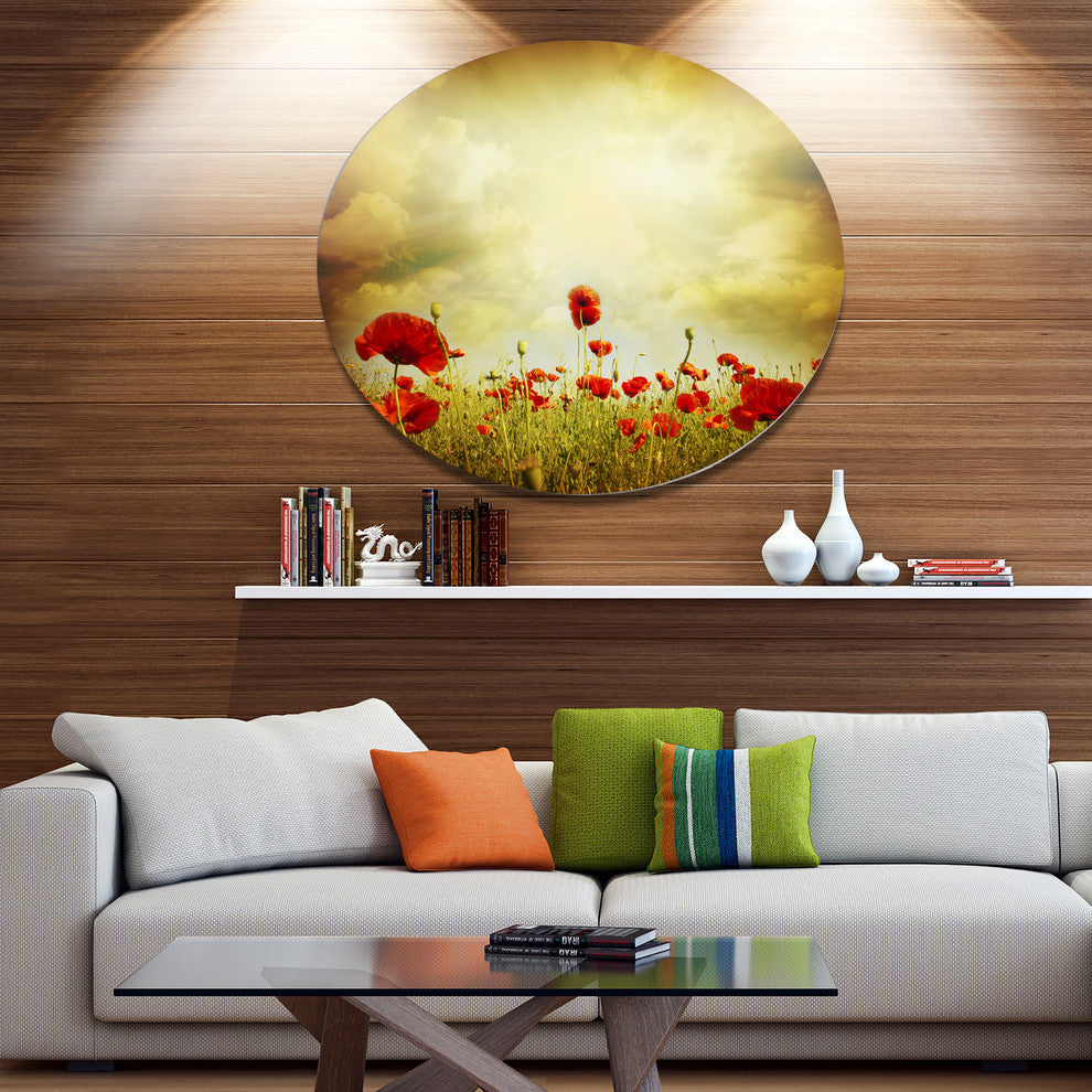 Red Poppies On Grunge Background, Floral Large Disc Metal Wall Art, 11"
