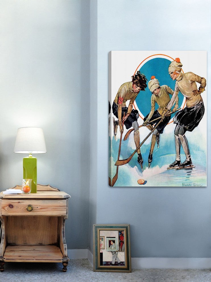 "Girls Playing Ice Hockey" Painting Print on Canvas by Blanche Greer