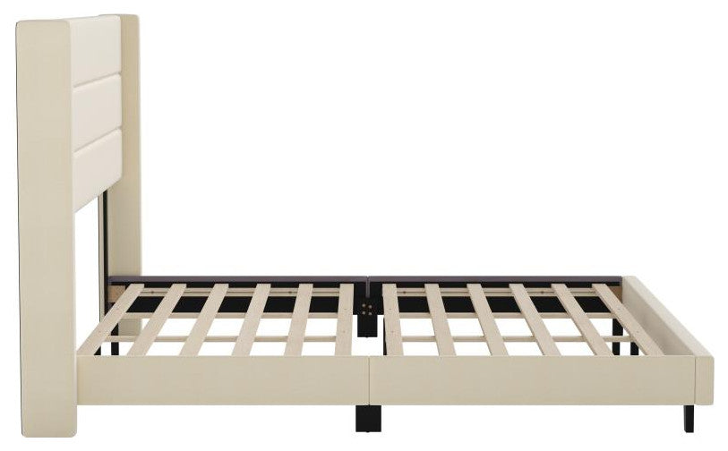 Hollis Upholstered Platform Bed with Wingback Headboard w/Mattress Foundation, Beige, King