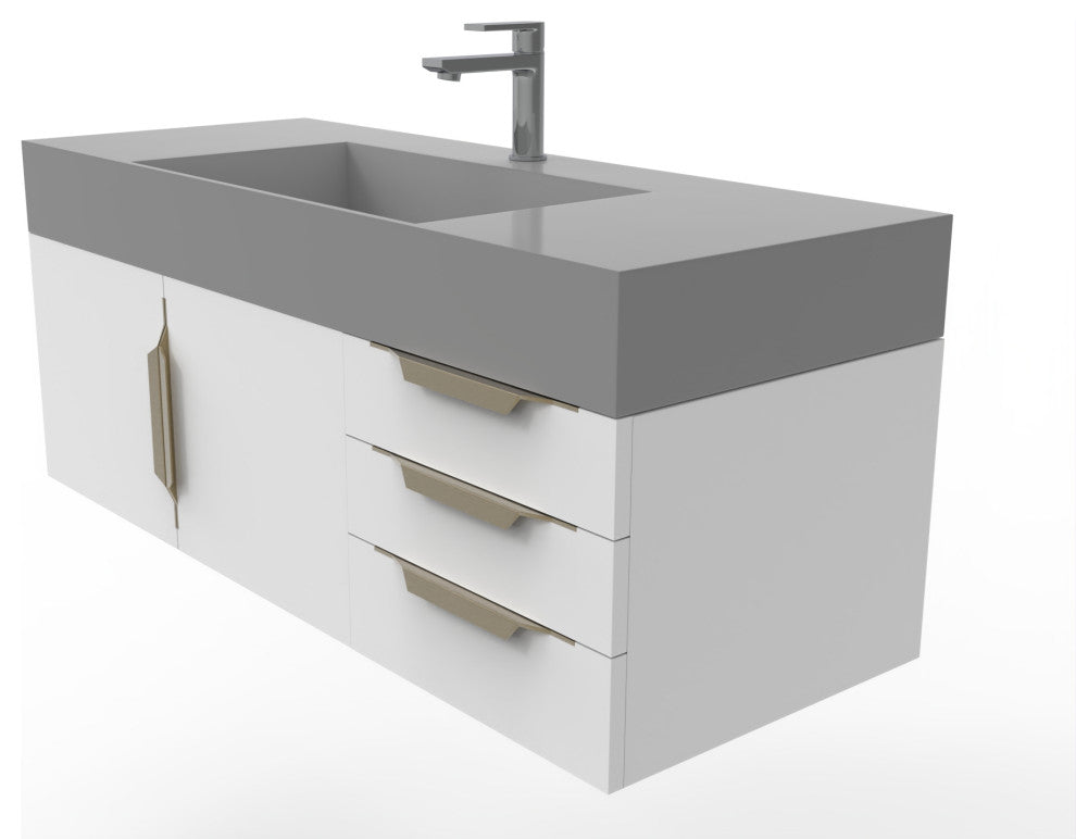 CastelloUSA Amazon 48" Wall Mounted Vanity Set, White, Gray Top, Gold Handles