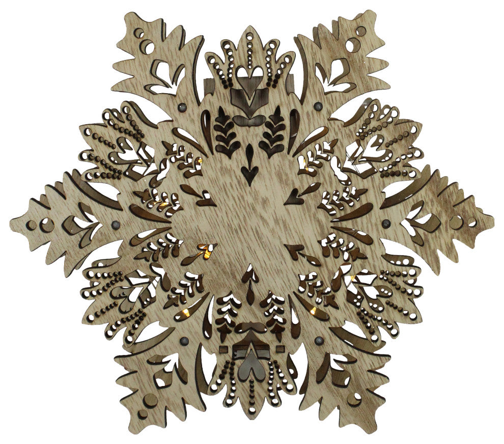 8.5" Lighted Battery Operated Wooden Snowflake Xmas Tree Topper, Clear Lights