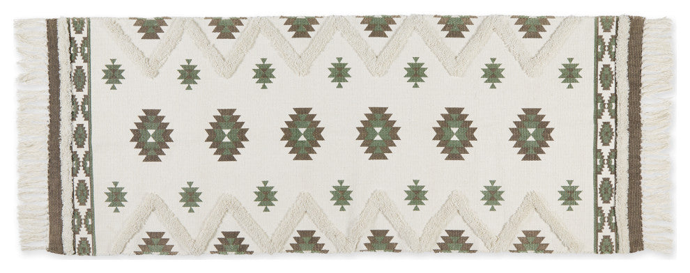 Brown And Green Printed Off-White Hand-Loomed Shag Rug Runner 2Ft 3Inx6Ft