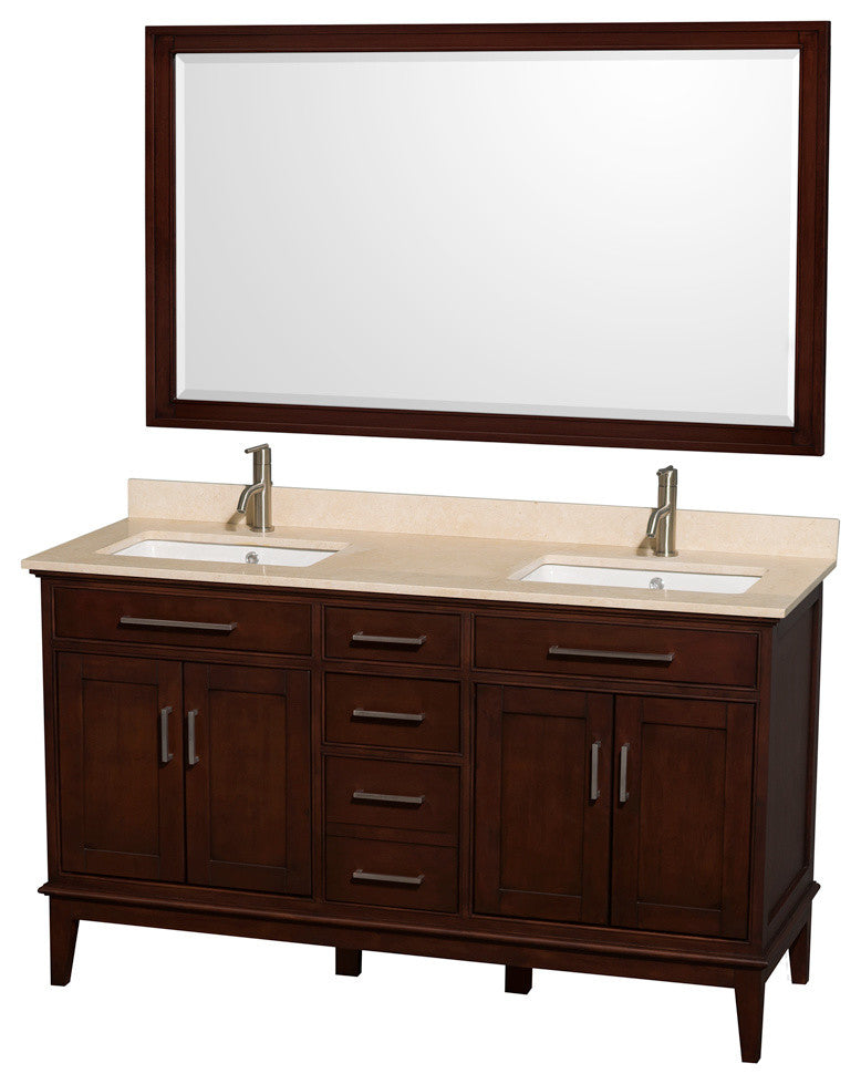 Hatton 60" Dark Chestnut Double Vanity, Ivory Marble Top, Um Sq Sinks, 56"