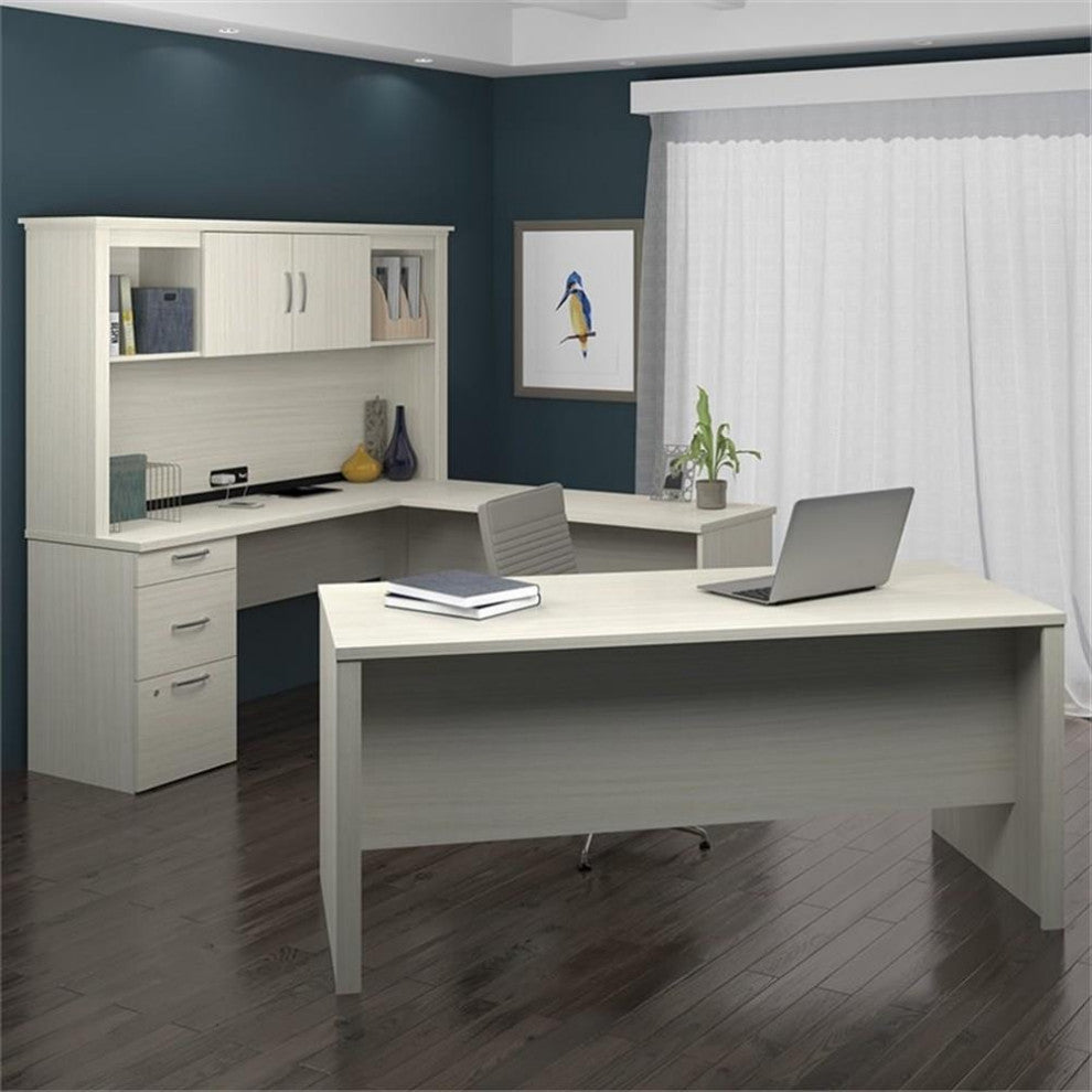 Bestar Logan Modern Wood U Shape Computer Desk with Hutch in White Chocolate