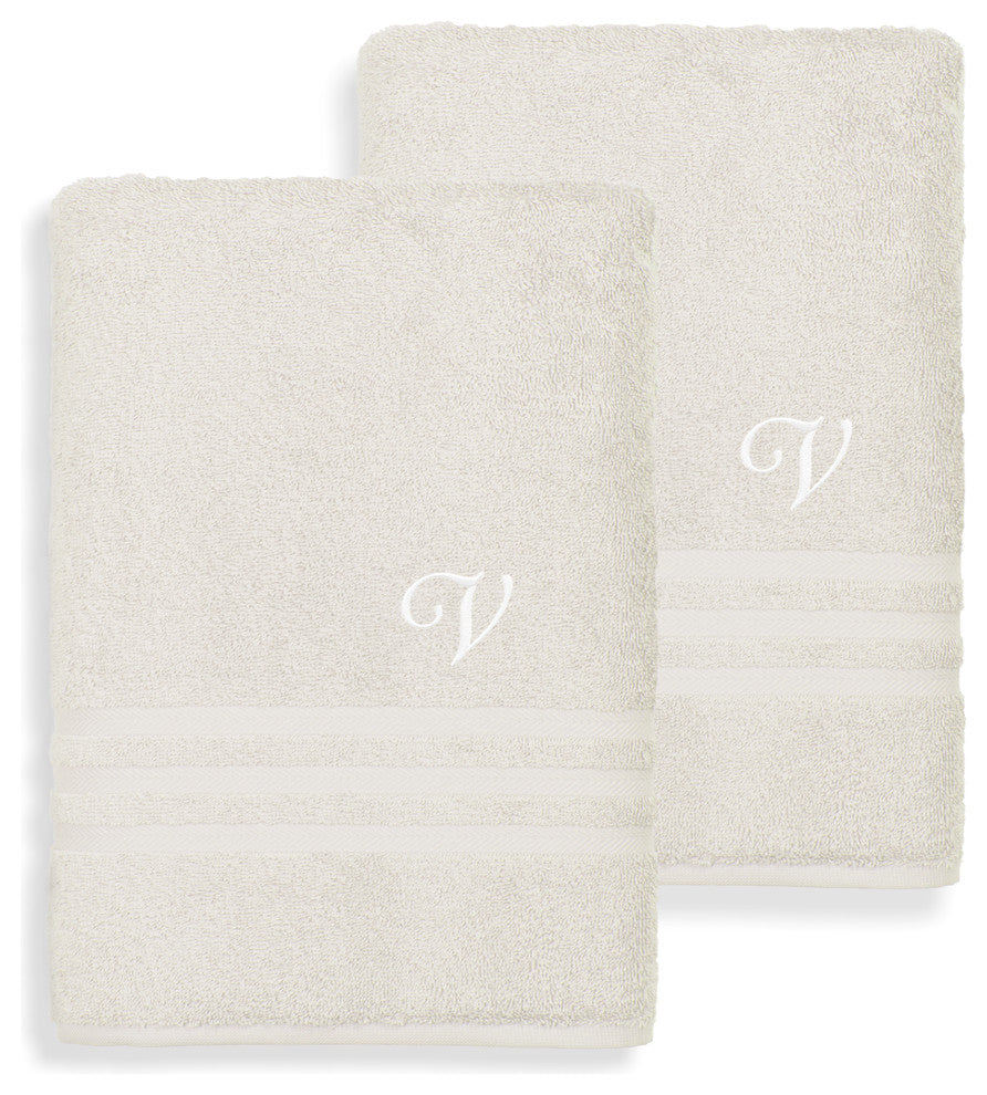 Denzi Bath Sheets With Monogrammed Letter, Set of 2, V