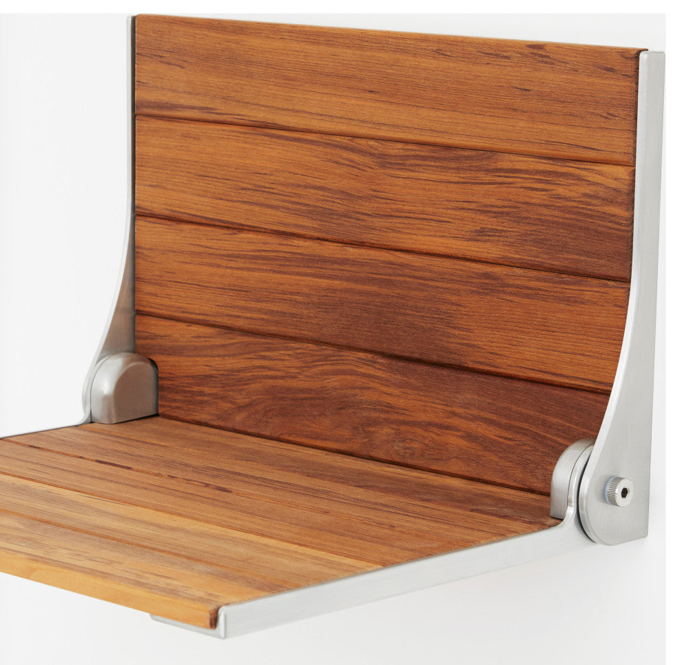 Silhouette Natural Teak Wood Folding Shower Bench Seat, Silver Frame