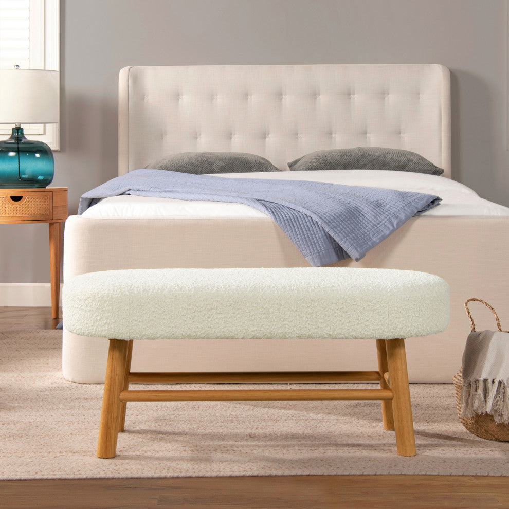 Fuji 42" Upholstered Accent Bench With Natural Wood Legs, Ivory White Boucle