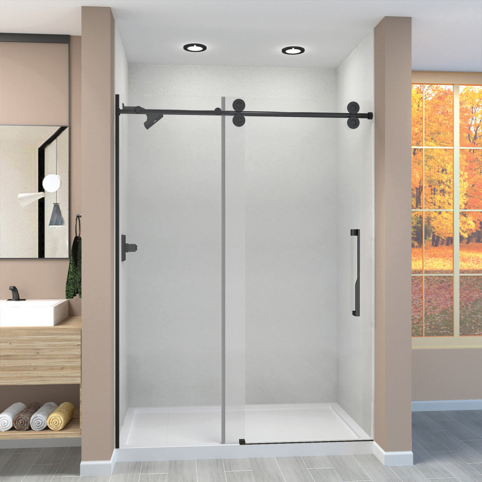 Teegan Plus Sliding Shower Door, Fixed, Clear Glass, Matte Black, Justin