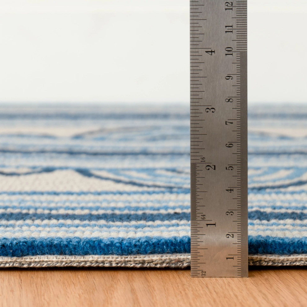 Kit Kemp x Dash & Albert Button Blue Hand Hooked Wool Rug, Blue, 2'6" x 8'
