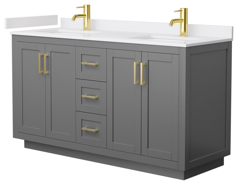 60"DBL Bath Vanity Dark Gray, White Cult.Marble Countertop, Sinks, Gold Trim