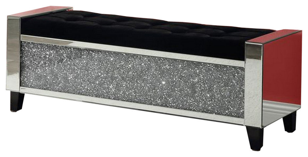 Benzara BM251182 Mirrored Bench With Tufted Fabric Seat/Faux Diamonds, Silver
