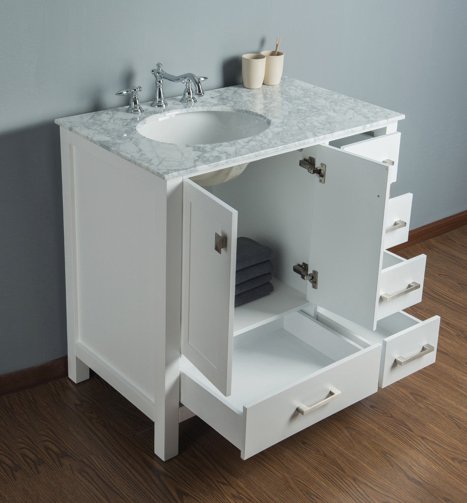 Malibu Single Sink Bathroom Vanity, Pure White, 36", Without Mirror