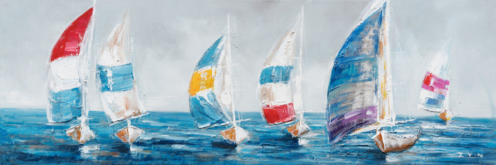 "Colorful Sailboats I" Hand Painted Canvas Art, 60"x20"