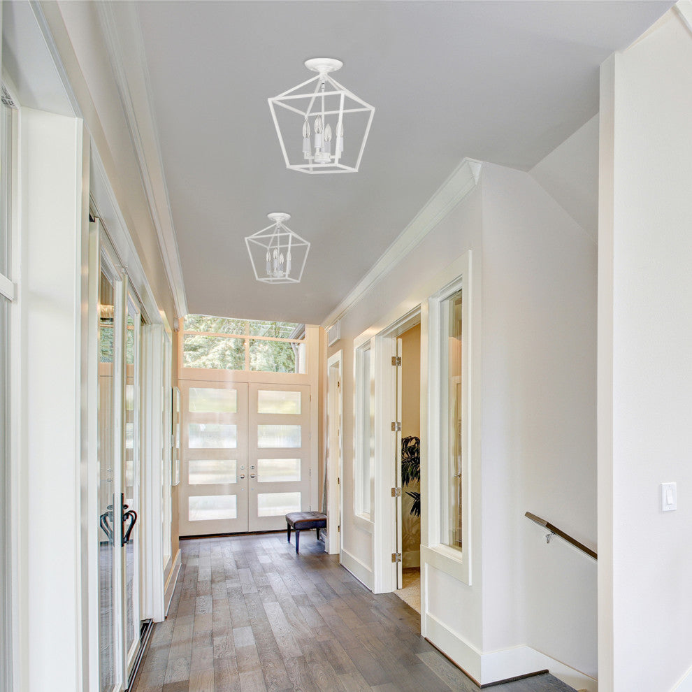 12 in. 4-Light Farmhouse White Semi- Flush Mount Ceiling Light With Caged Shade