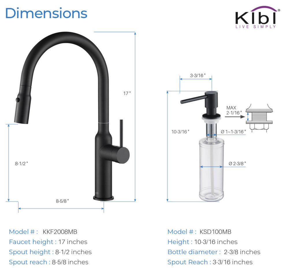 KIBI Hilo Single Handle Pull Down Kitchen Faucet, Matte Black, W/ Soap Dispenser