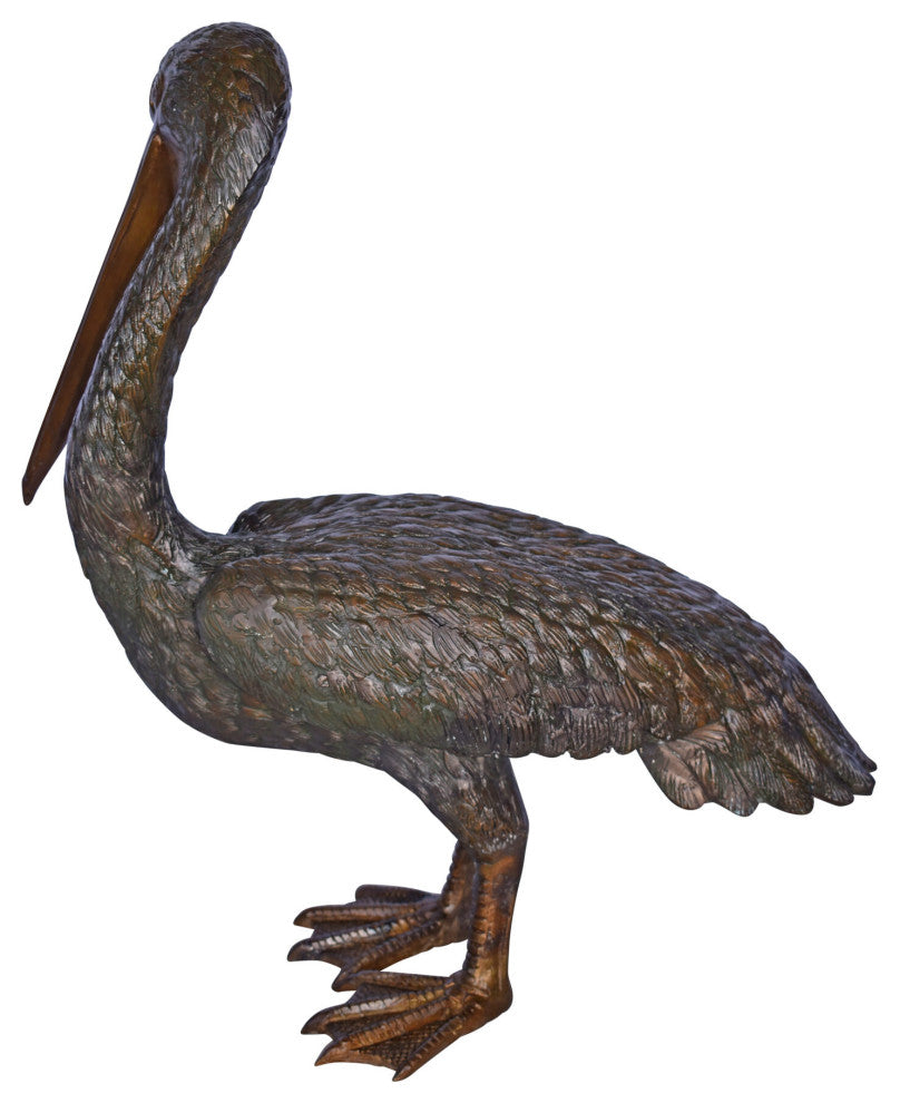 Pelican Standing and Looking Down Bronze Statue - Size: 20"L x 8"W x 22"H.