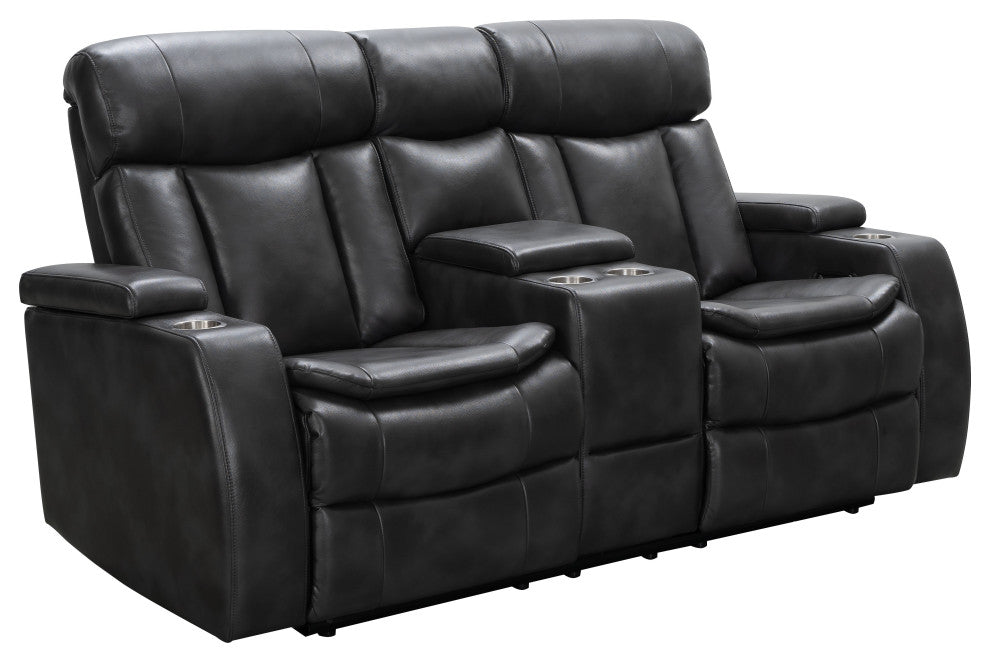 Marley Leather Power Reclining Console Loveseat, Power Headrest, Black