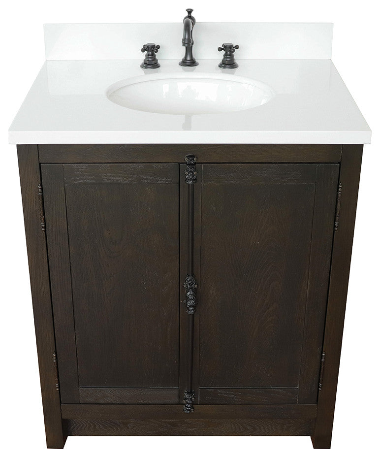 30" Single Vanity, Brown Ash, White Engineered Stone Top, Oval Sink