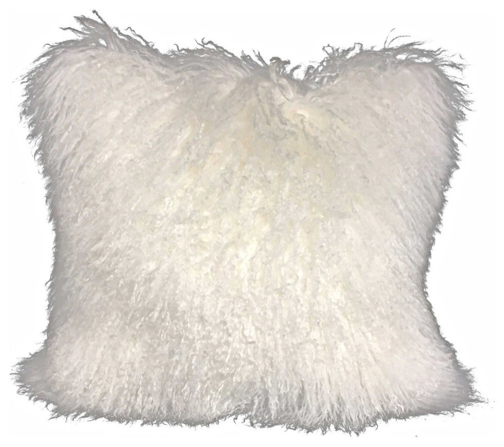 20" Bright White Genuine Tibetan Lamb Fur Pillow With Microsuede Backing
