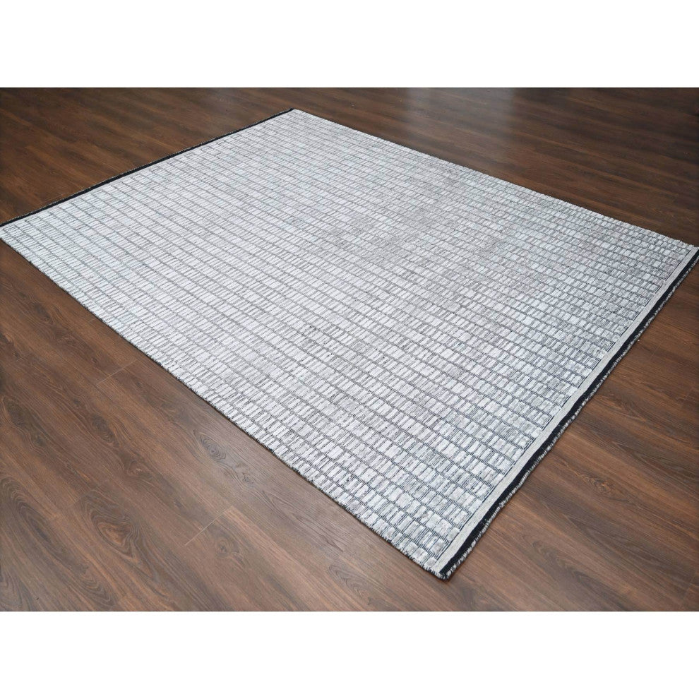 Gray and Black Hand Loomed Wool and Silk Modern Roman Design Rug, 7'10"x10'