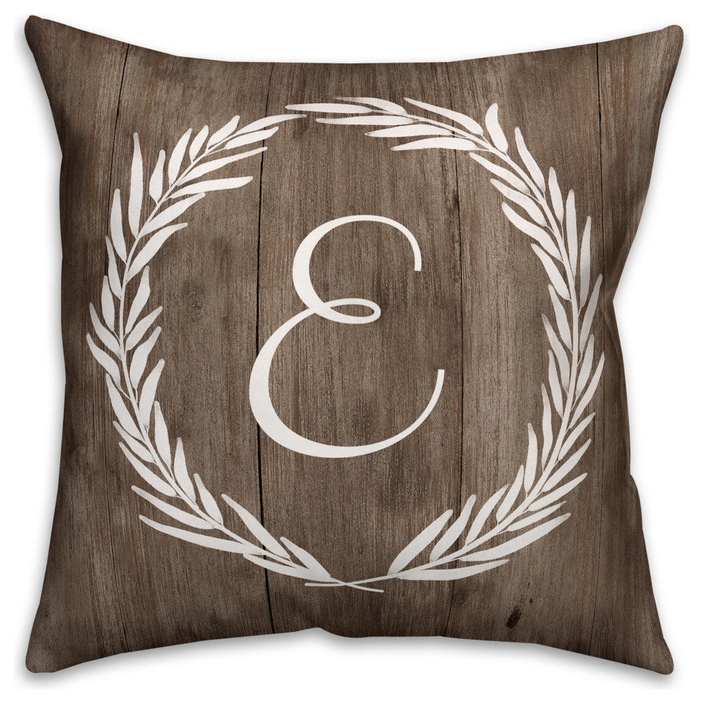 Faux Wood White Wreath - Monogram E 18x18 Spun Poly Pillow