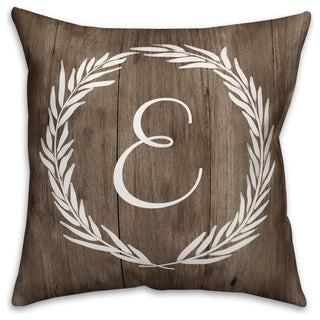 Faux Wood White Wreath - Monogram E 18x18 Spun Poly Pillow