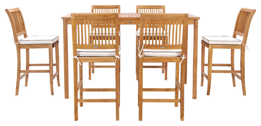 7 Piece Teak Wood Castle 71" Rectangular Patio Bistro Bar Set with 6 Barstools