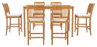 7 Piece Teak Wood Castle 71" Rectangular Patio Bistro Bar Set with 6 Barstools