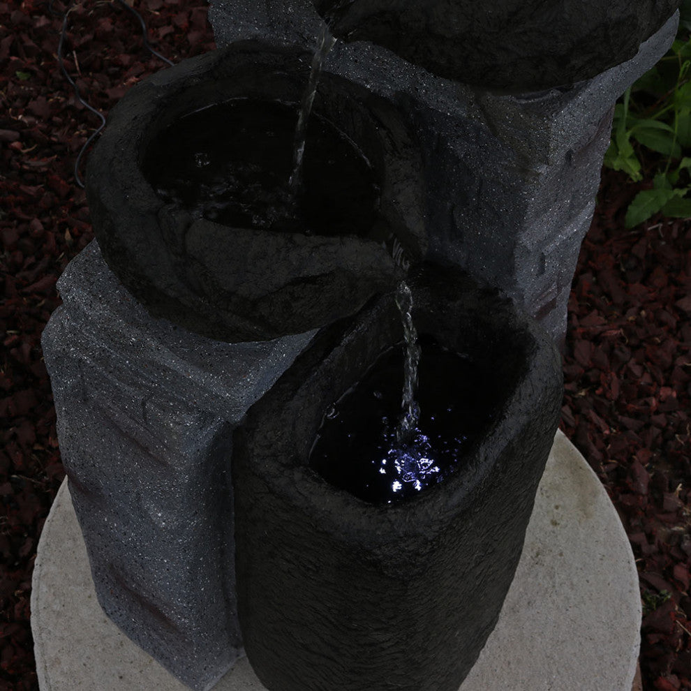 Sunnydaze Cascading Stone Bowls Solar-on-Demand Water Fountain With LED Light