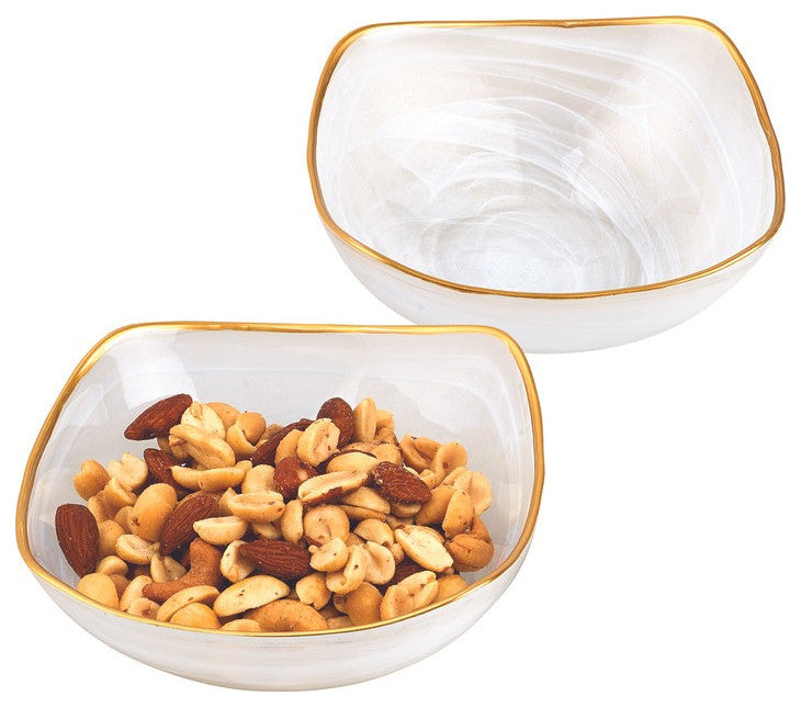 Set of Two 6" White Alabaster Square Glass Bowls With Gold Rim