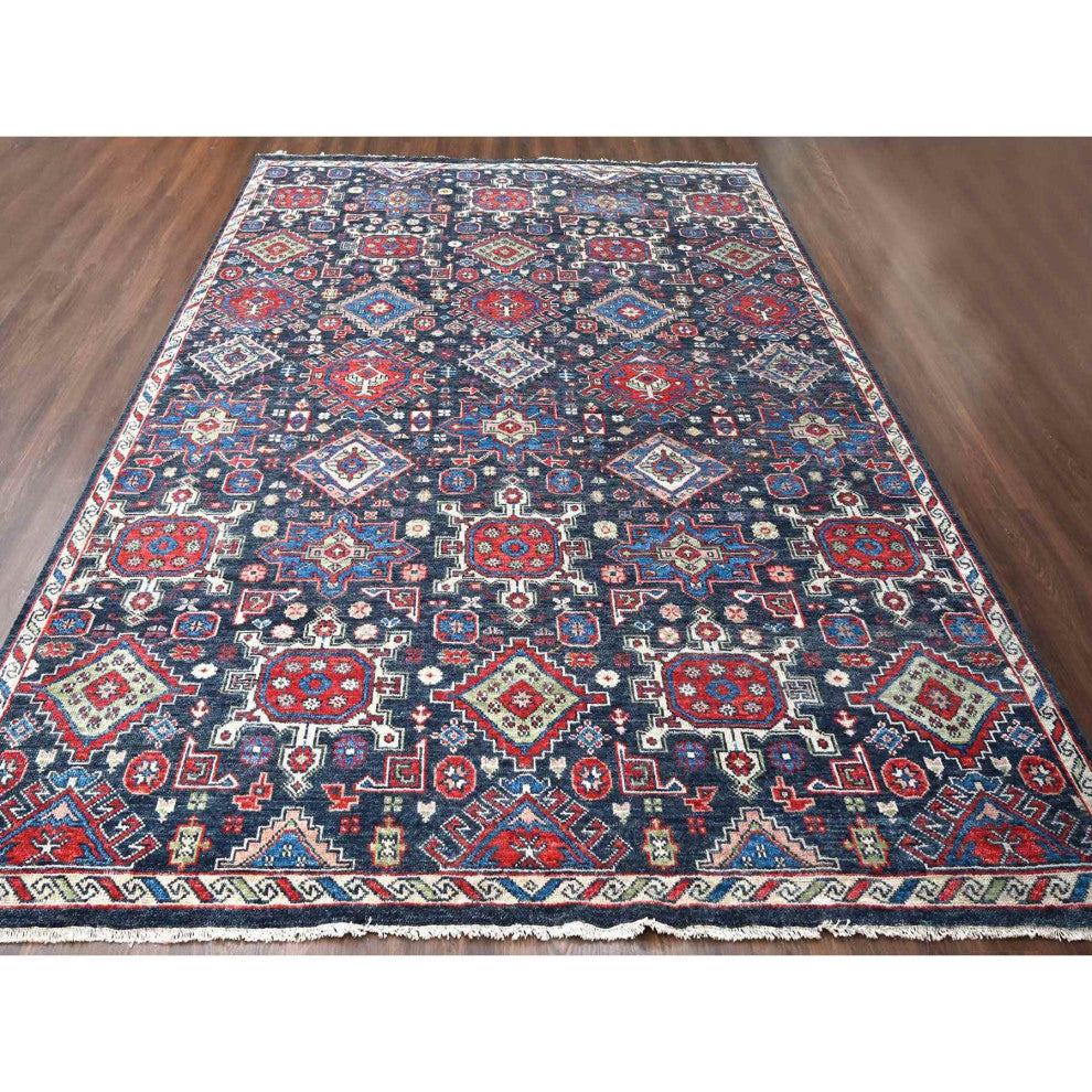Charcoal Black Geometric Design Pure Wool Hand Knotted Oversized Rug 12'x14'10"