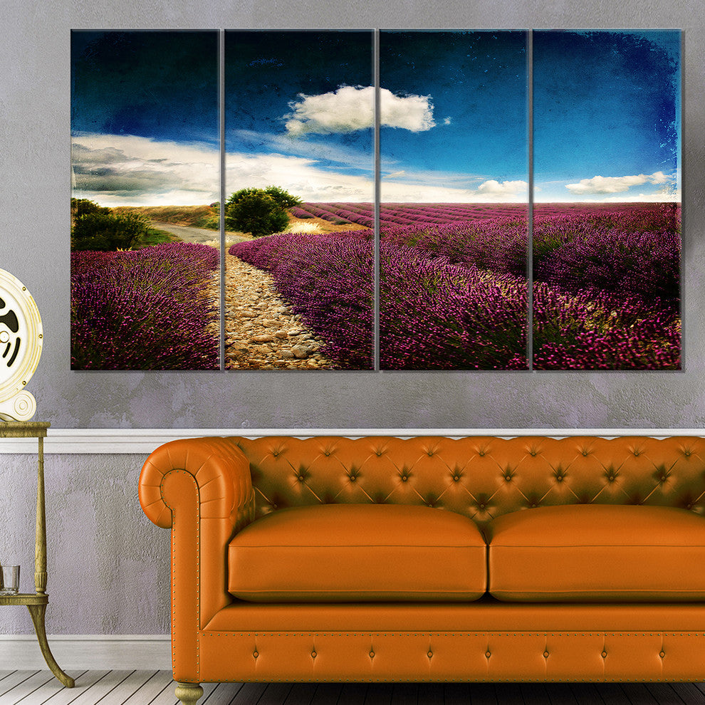 Lavender Field with Dramatic Blue Sky, Landscape Canvas Art, 48"x28", 4 Panels