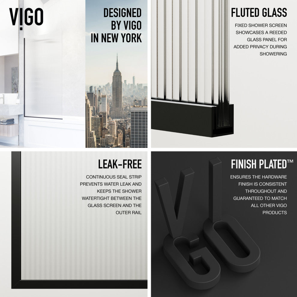 VIGO Zenith Frameless Fixed, Matte Black, Tub Screen, 34" W X 62" H, Fluted Glass