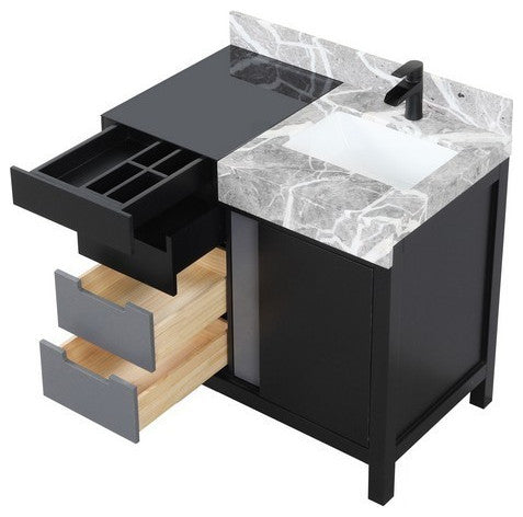 Zilara 36" Black and Grey Vanity, Cascata Nera Matte Black Faucet Set