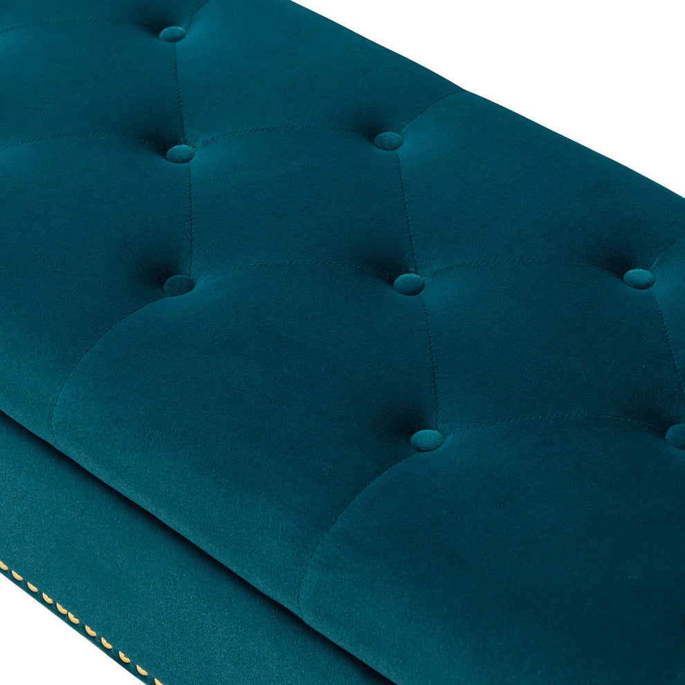 Button-tufted Storage Bench with Nailhead Trim, Teal