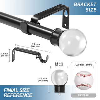 1" Crystal Ball Drapery Curtain Rod, Black, 48"-84"