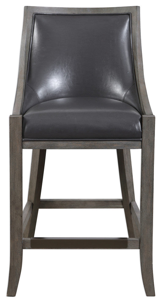 Elegant Gray Brown Faux Leather Bar Stool Counter Back Cushion Exposed Wood