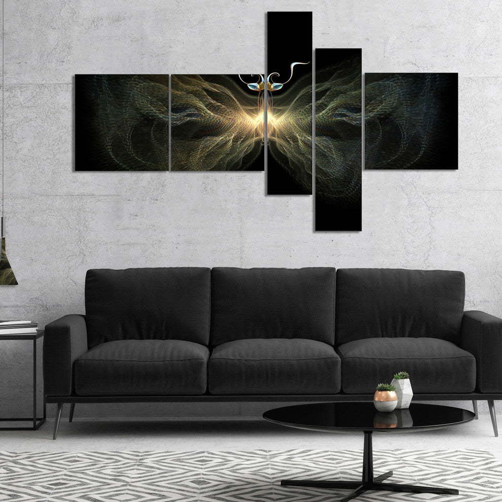Yellow Fractal Butterfly in Dark, Abstract Print On Canvas, 60"x32", 5 panels