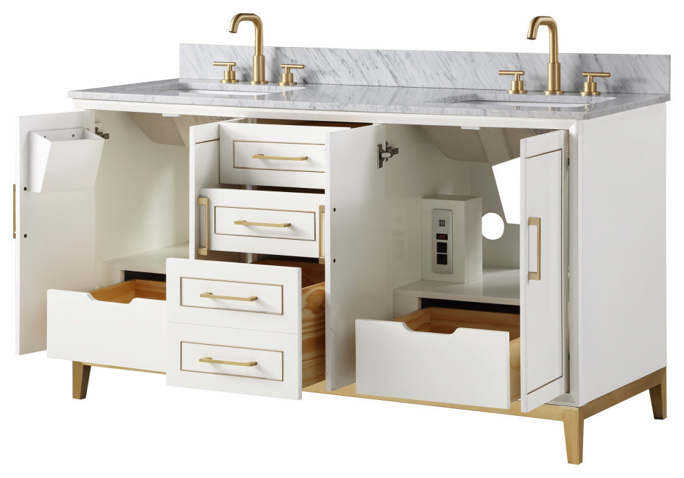 Gracie Bathroom Vanity, Satin White With Carrara Marble, 60"