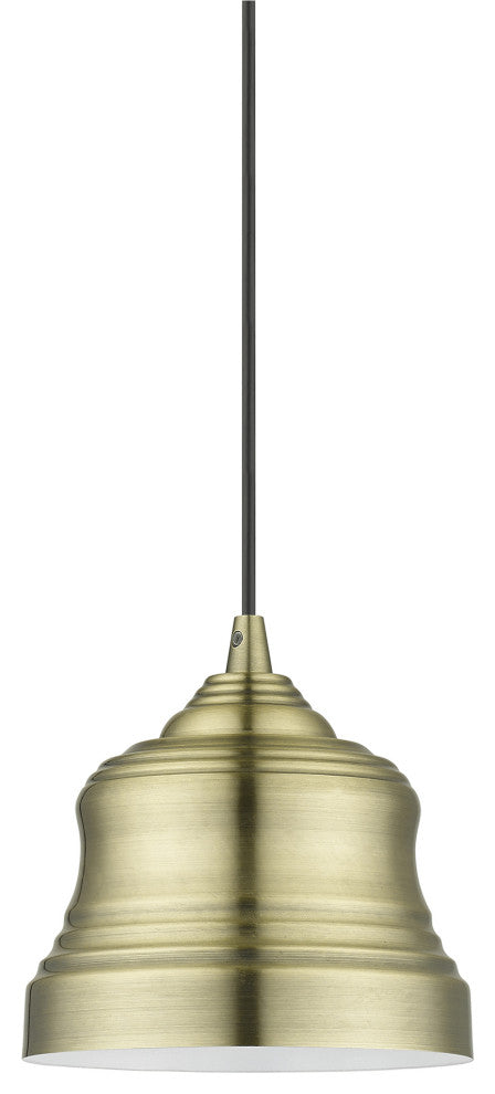 Endicott 1-Light Antique Brass Mini Bell Pendant, Shiny White Inside