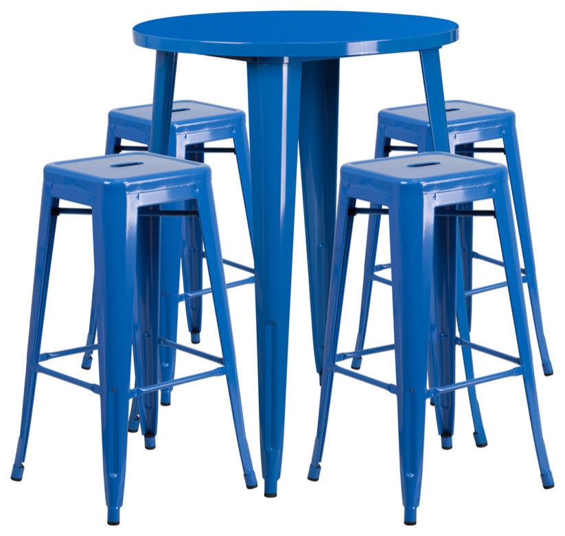 30" Round Blue Metal Bar 5-Piece Table Set With 4 Square Seat Backless Stools