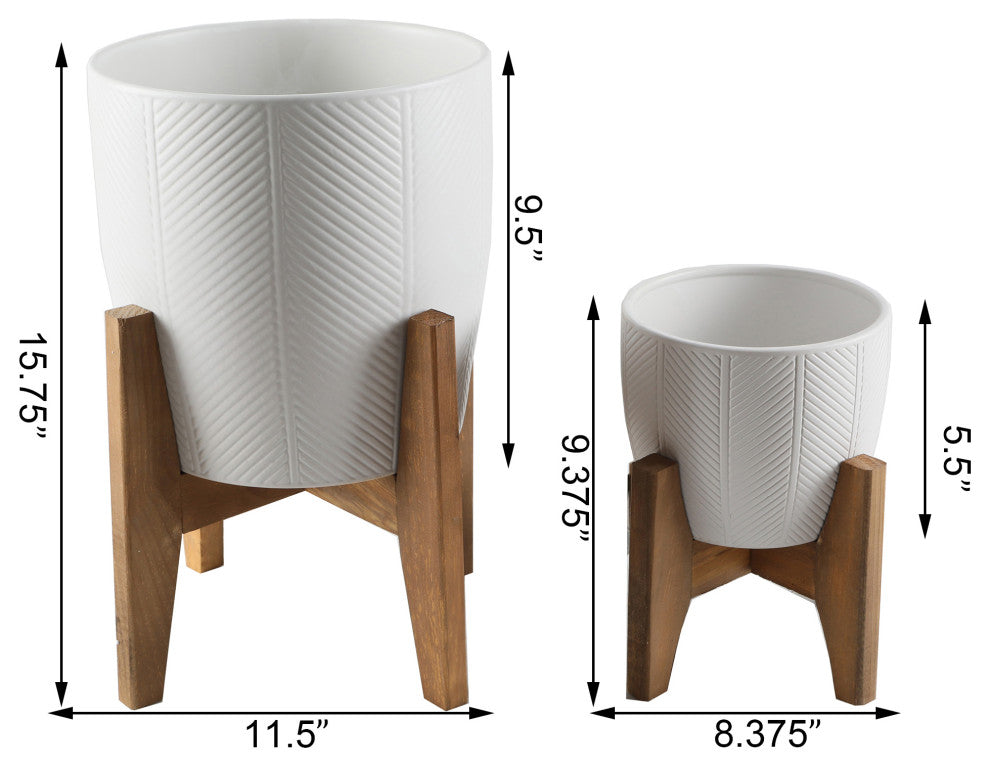 10" & 6.6" Chevron Ceramic Planter On Stand, Set Of 2